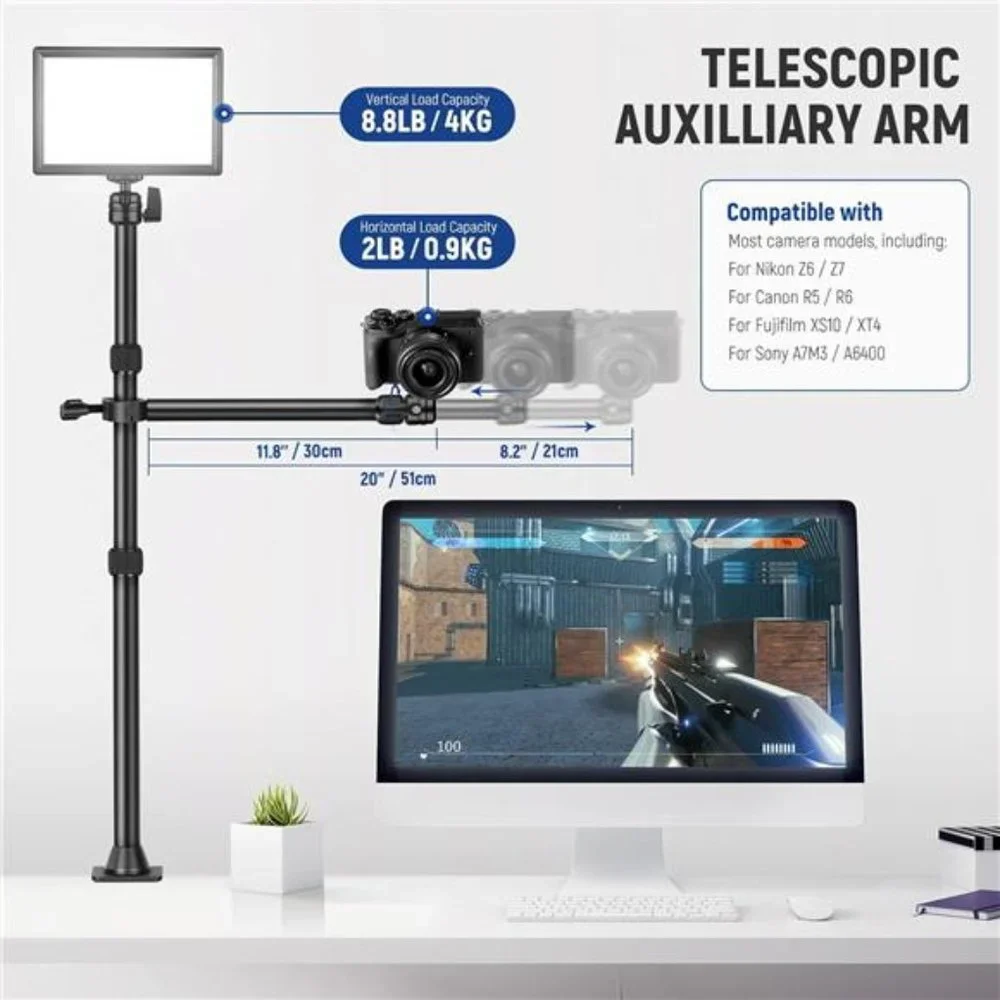 Tabletop Overhead Camera Mount Stand with 2 Section Telescopic Extension Arm